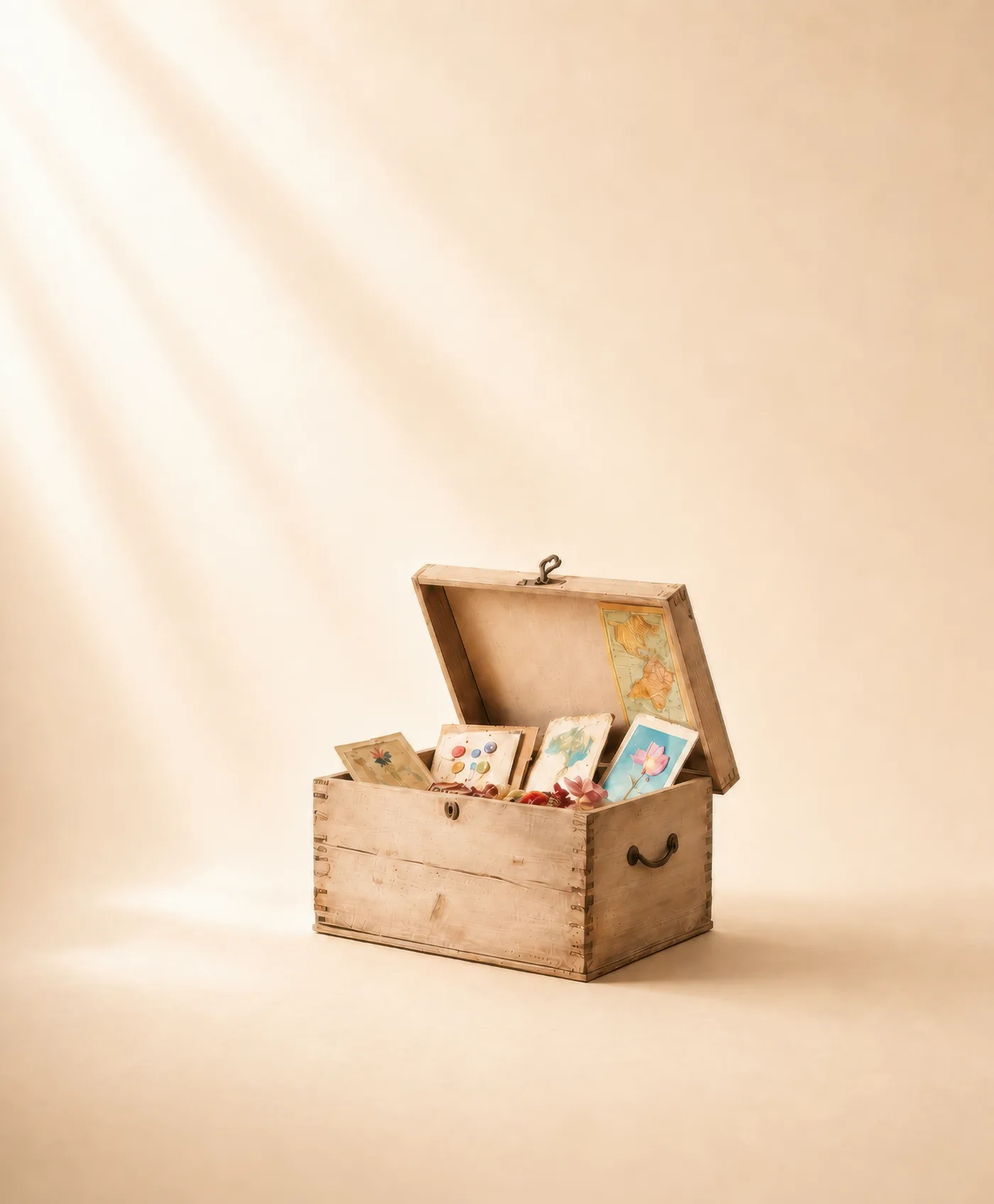 A wooden memory box filled with small meaningful objects.