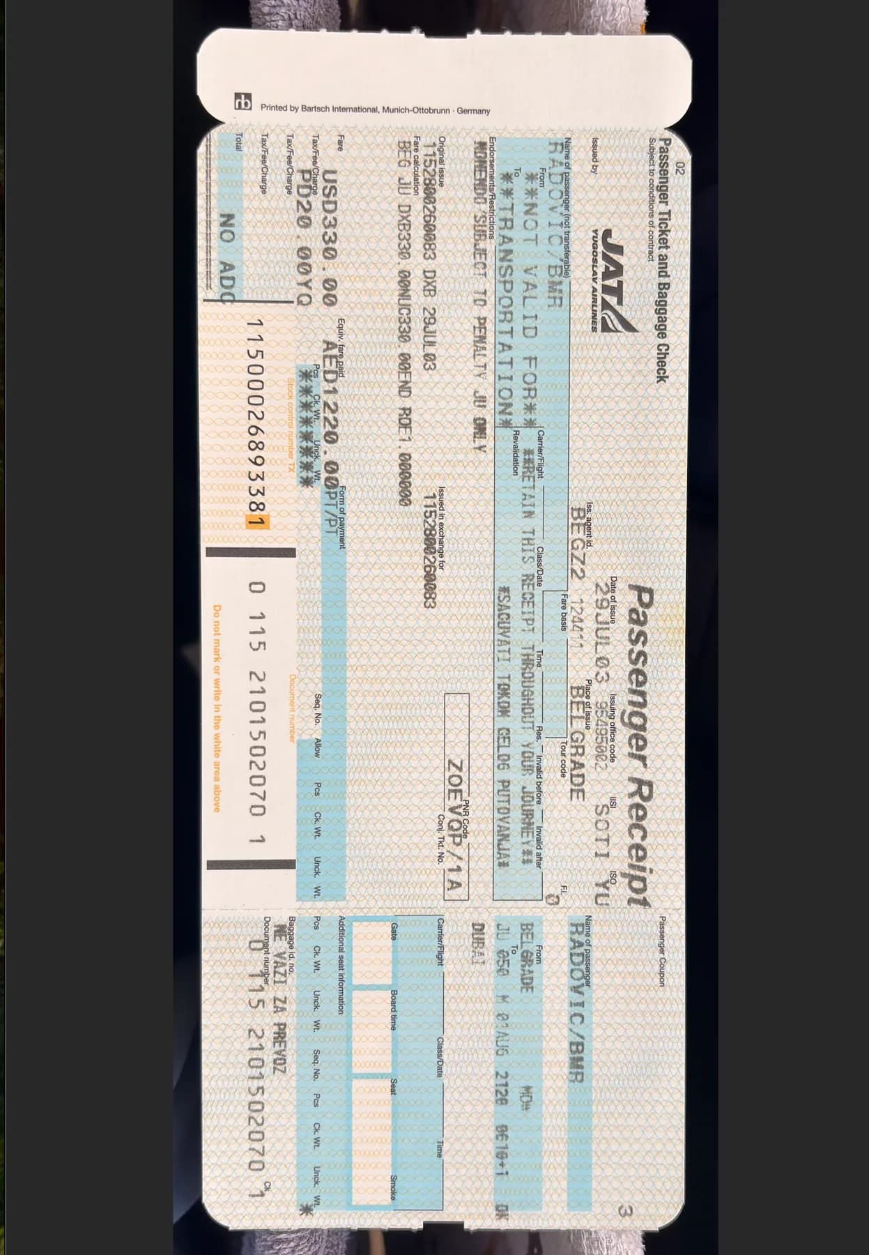 Original 2003 airline ticket that marked the beginning of a new life chapter.
